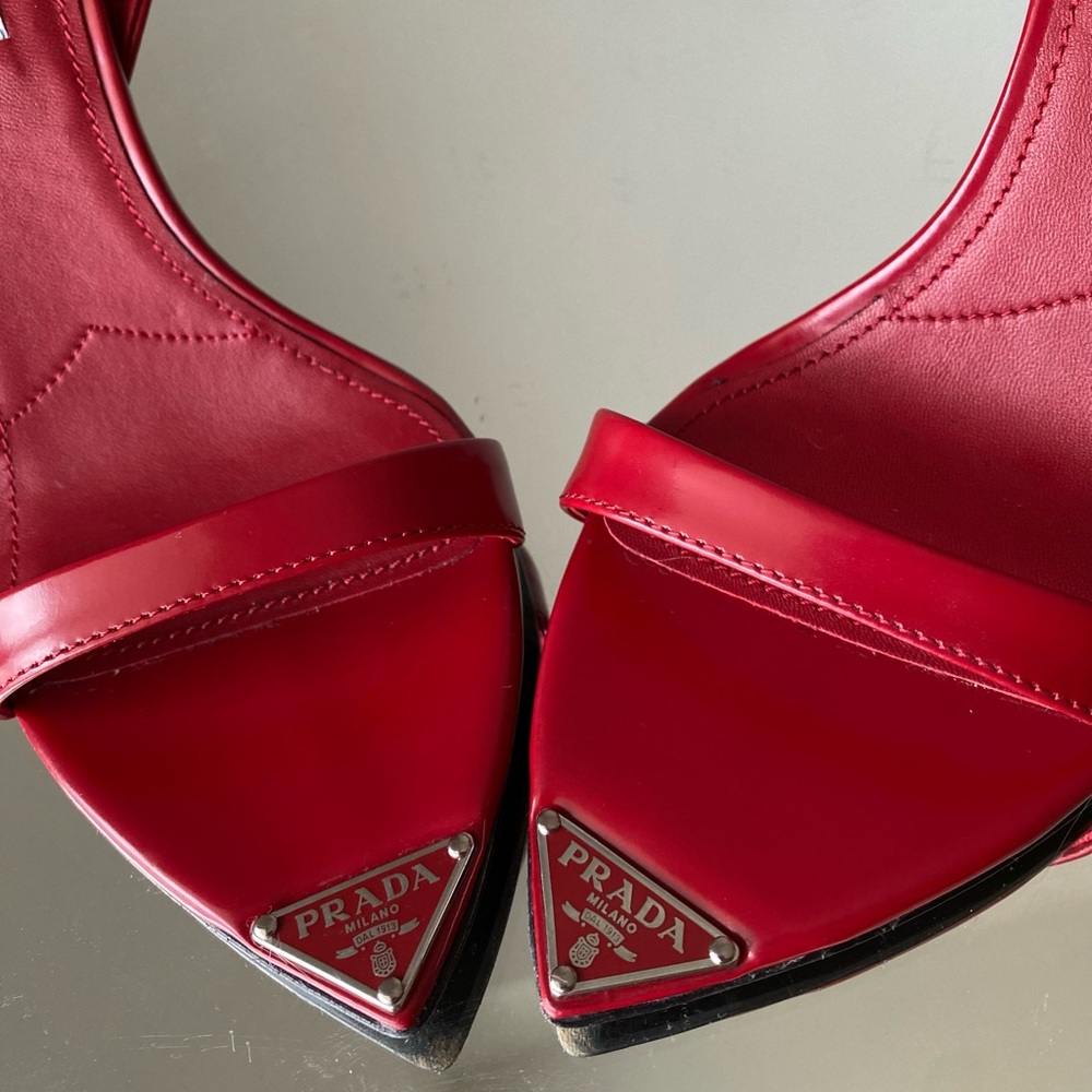 Prada Red Pointed Toe Ankle Strap Heels - Picture 8 of 12